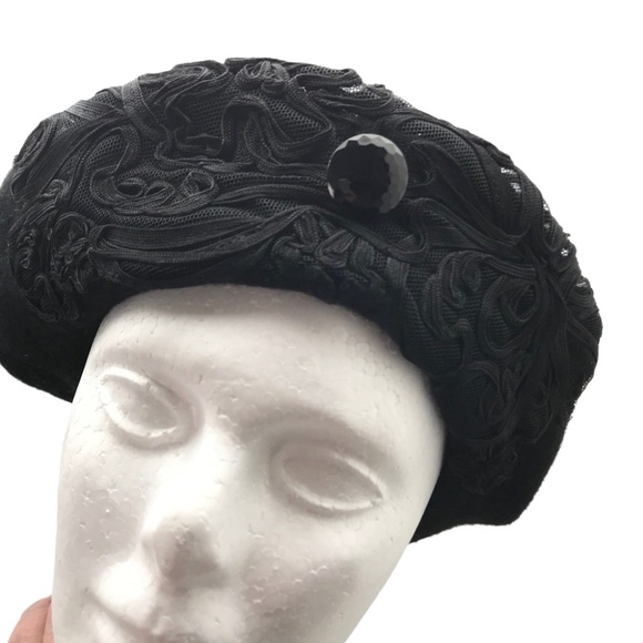 Black Wool Beret with Black Ribbon/Button Detail main image 4